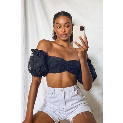 Embroidered Organza Puff Sleeve Crop Top, Black