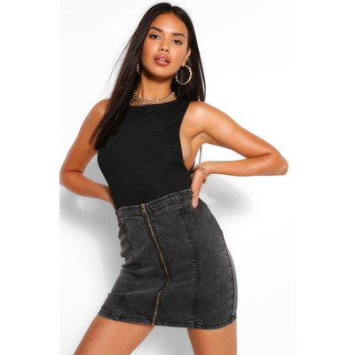 Womens Zip Front Stretch Denim Mini Skirt - Black - 6, Black