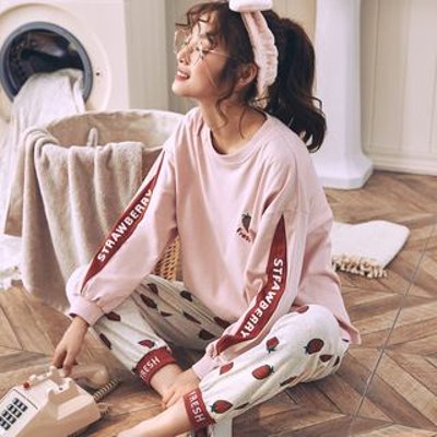 Pajama Set: Strawberry Print Long-Sleeve Top + Pants