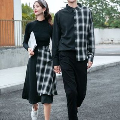 Couple Matching Mock-Neck Long-Sleeve T-Shirt / Plaid Panel Shirt / Midi A-Line Skirt