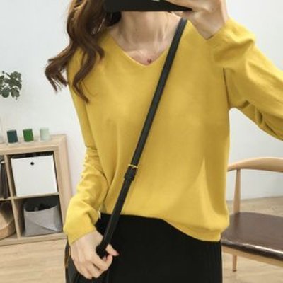 Plain V-Neck Long-Sleeve Knit Top