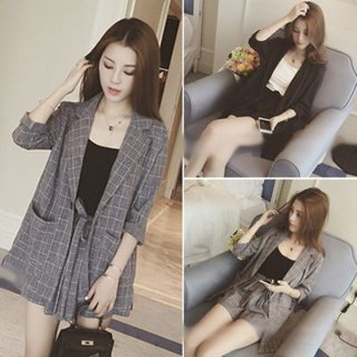 Set: Single Breasted Blazer + Tie-Waist Shorts + Camisole Top