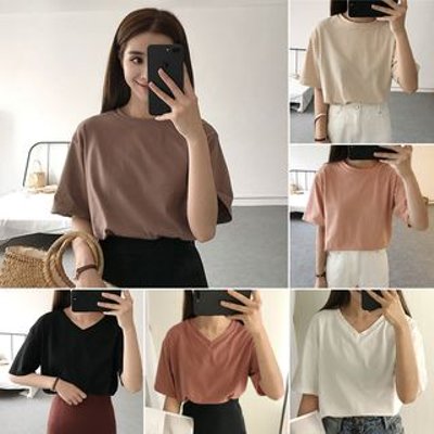 Short-Sleeve Round Neck / V-Neck Plain T-Shirt