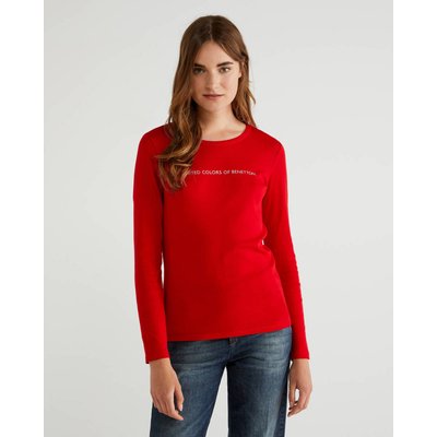 Benetton, Long Sleeve Red T-shirt In 100% Cotton, size L, Red, Women