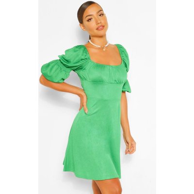 Womens Puff Sleeve Rouched Bust Skater Dress - Green - 8, Green