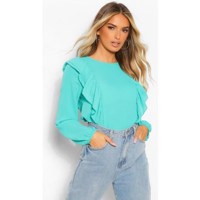 Womens Woven Ruffle Balloon Sleeve Blouse - Green - 10, Green