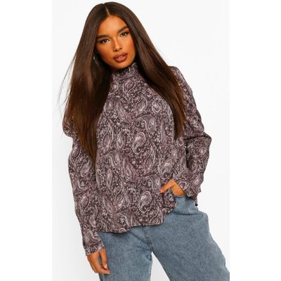 Womens Plus Ruffle Neck Baroque Print Puff Sleeve Blouse - Black - 16, Black