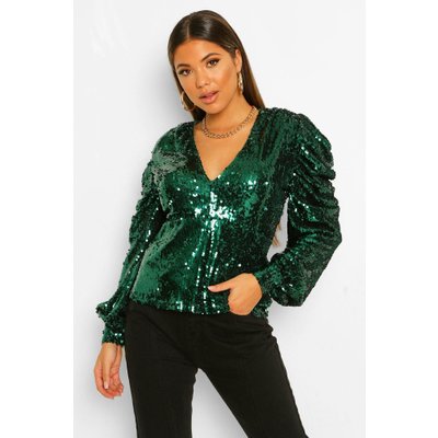 Womens Sequin Puff Sleeve Top - Green - 6, Green