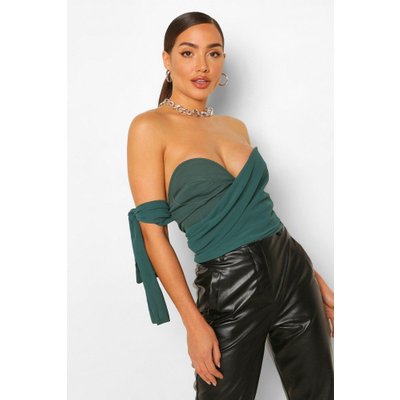 Womens Chiffon Ruched Draped Sleeve Corset Top - Green - 8, Green