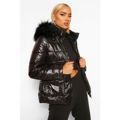 Womens Faux Fur Lined High Shine Puffer - Black - S, Black