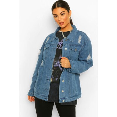 Womens Distressed Oversized Denim Jacket - Blue - 6, Blue