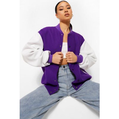 Womens Contrast Colour Block Oversized Varsity Jacket - Purple - 6, Purple