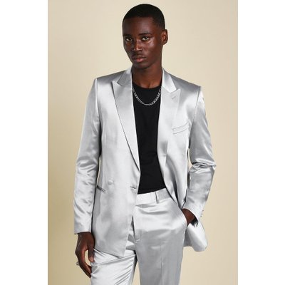 Mens Grey Skinny Plain Sateen Double Breasted Suit Jacket, Grey