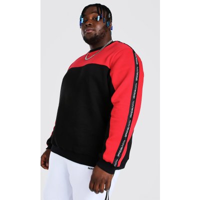 Mens Black Plus Size MAN Colour Block Tape jumper, Black