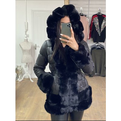 Ismay Black Faux Fur Padded Puffer Belt Detail Hooded Coat