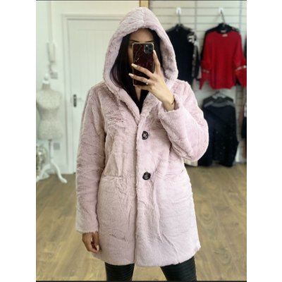 Amilie Faux Fur Hooded Button Detail Oversized Coat  - Baby Pink