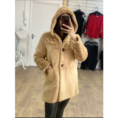 Amilie Faux Fur Hooded Button Detail Oversized Coat  - Camel