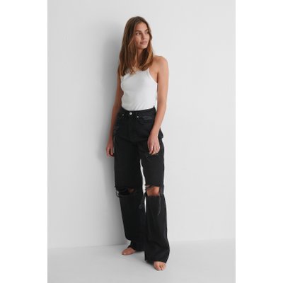 NA-KD Reborn High Waist Wide Leg Destroyed Jeans - Black