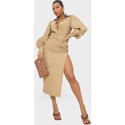 Stone Woven Balloon Sleeve Gathered Hip Midi Shirt Dress