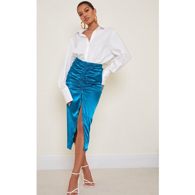 Deep Teal Ruched Front Satin Midi Skirt