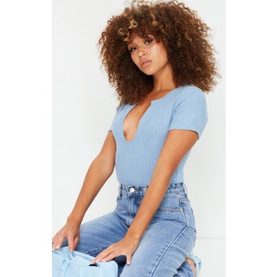 Dusty Blue Brushed Rib V Neck Short Sleeve Bodysuit