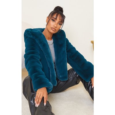 Teal Premium Cropped Faux Fur Hooded Coat