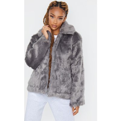 Dark Grey Long Faux Fur Pocket Front Jacket