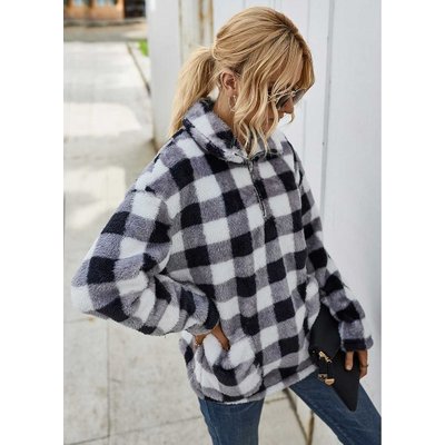 Pocket Turndown Collar Plaid Fluffy Sweatshirt