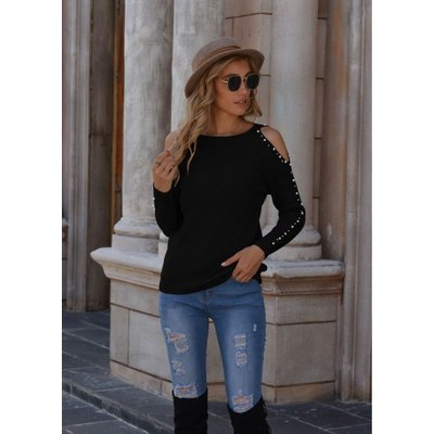 Cold Shoulder Long Sleeve Pearl Detail Sweater