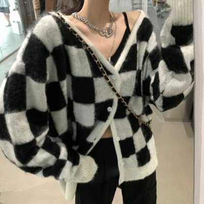 Checkered V-Neck Cardigan Cardigan - One Size