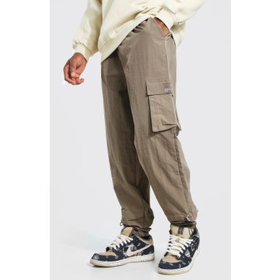 Mens Beige Crinkle Shell Elastic Hem MAN Tab Cargo Trouser, Beige