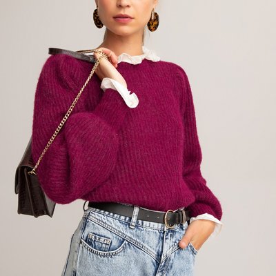 Soft Alpaca Mix Jumper with Puff Sleeves and Crew Neck