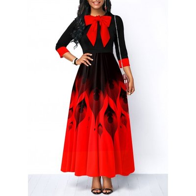 ROTITA Ombre Printed Bow Collar Maxi Dress