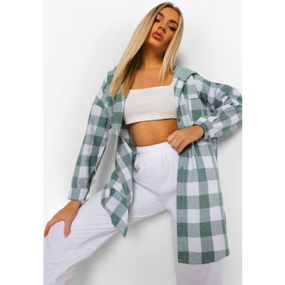 Womens Hooded Oversized Check Shirt - Green - 6, Green