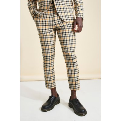 Mens Beige Skinny Neon Check Cropped Suit Trouser, Beige