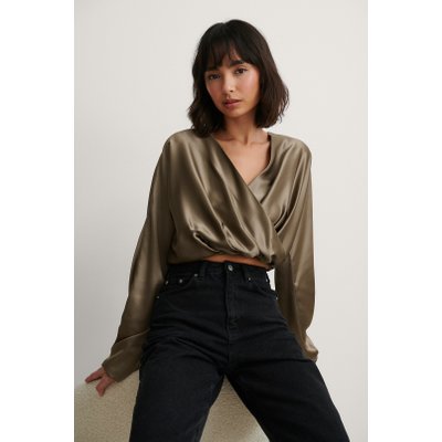 NA-KD Party Recycled Overlap Satin Blouse - Brown