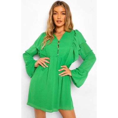 Womens Ruffle Button Detail Skater Dress - Green - 8, Green