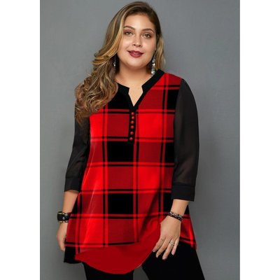 ROTITA Plus Size Split Neck Plaid Print Blouse