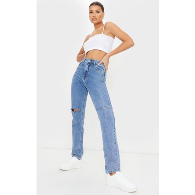 Mid Blue Wash Slash Knee Long Leg Straight Leg Jeans