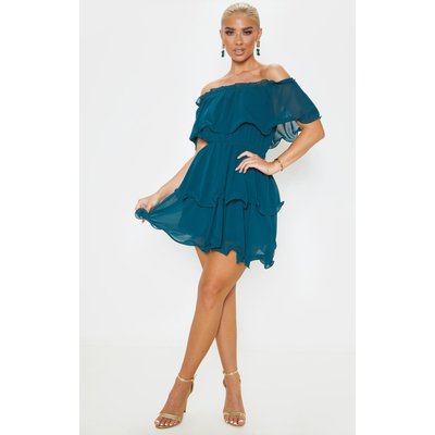 Emerald Green Chiffon Bardot Ruffle Tiered Dress