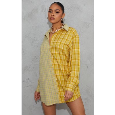 Yellow Contrast Check Panel Oversized Shirt Dress