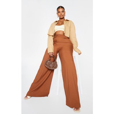 Plus Camel Woven Pleat Detail Waistband Wide Leg Pants