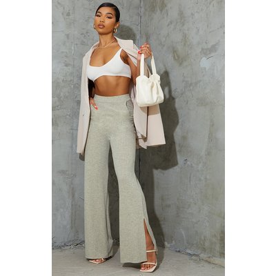 Oatmeal Marl Ribbed Split Hem Wide Leg Pants