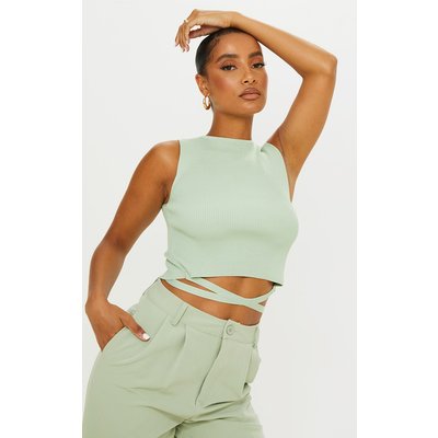 Sage Green Tie Waist Knitted Cropped Top