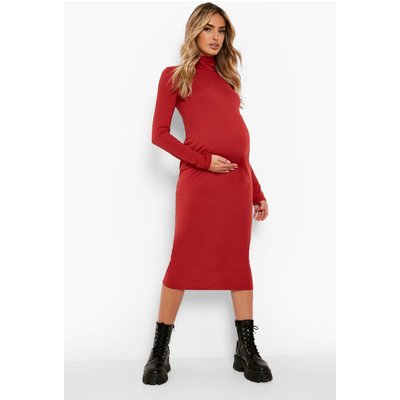 Womens Maternity High Neck Long Sleeve Jersey Midi - Red - 8, Red