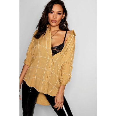 Womens Large Check Oversized Shirt - Beige - L, Beige