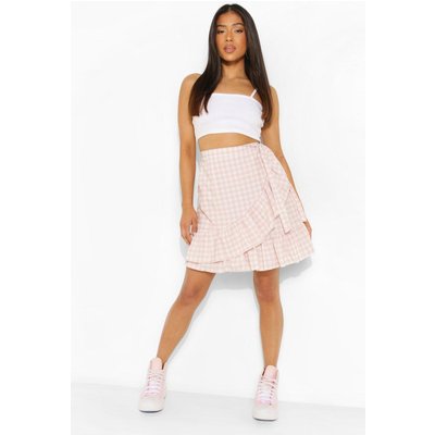 Womens Petite Gingham Ruffle Hem Wrap Mini Skirt - Pink - 4, Pink