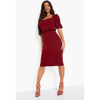 Womens Puff Sleeve Ruffle Waist Midi Dress - Red - 10, Red