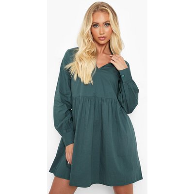 Womens Collared V Neck Smock Dress - Green - 8, Green