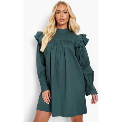 Womens High Neck Ruffle Detail Smock Dress - Green - 8, Green